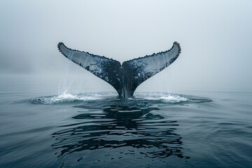 Naklejka premium Huge whale slapping its pectoral fin on a serene and smooth ocean in a northern region
