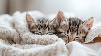 Obraz premium Cute kittens sleep on a soft blanket. Cats are resting, dozing on the bed. Pets sleep in a cozy house.