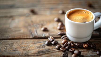 Coffee cup with hot coffee and beans on wooden table with copy space