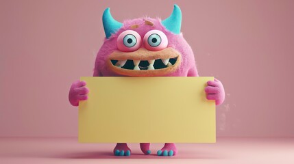 3d cute monster holding up a blank sign, colorful cartoon character, empty banner. Generative AI