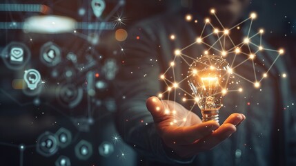 Hand holding glowing light bulb with digital network connections, representing innovation, creative thinking, and idea generation on a dark blue background. Perfect for technology, creativity