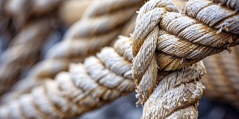 Weathered maritime ropes in the port. Tattered vessel cordage. Large seafaring grubby worn white cords background design macro. Focused selection of cords. Macro design grime 