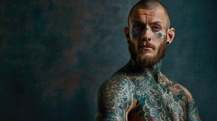 Fully tattoed man standing in front of a dark background.