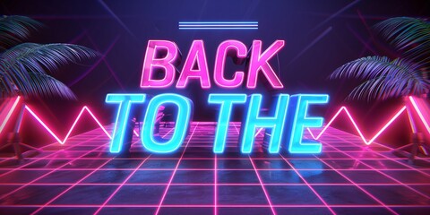 Obraz premium Vintage futuristic rear view 80s with popular synthwave vaporwave aesthetic. BACK TO THE 80's text. 80's theme. Poster, flyer, or banner template. Visual art.