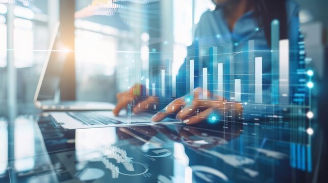 A businessman uses business analytics software with data visualization and AI-driven insights for strategic decision-making, enhancing efficiency and driving growth