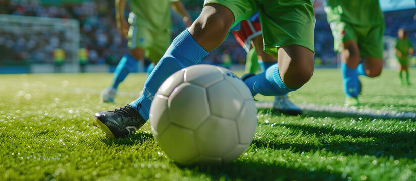 Children playing soccer on the field, wearing green and blue uniforms with white shorts and shoes, kicking at each other for control of ball in match during summer sport competition or youth team game