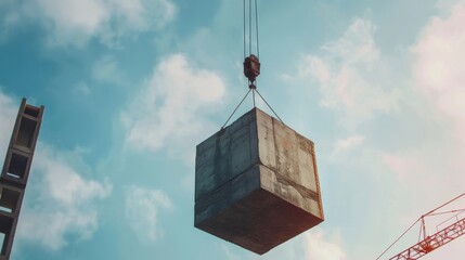 Concrete Block Suspended by Crane Against a Clear Blue Sky, Symbolizing Strength and Development in Real Estate