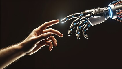 Naklejka premium Human hand and a robotic hand reaching out to each other, symbolizing the connection between humanity and technology