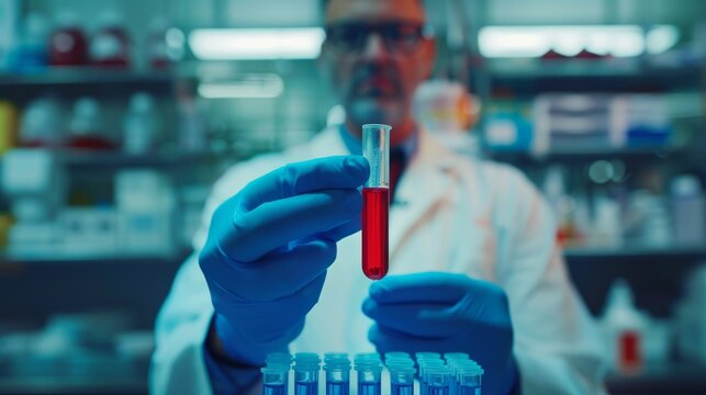 Hematologist with blood sample in hand in blurred hematology lab background,