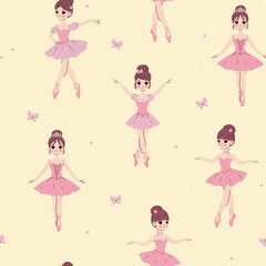 Seamless pattern with cute ballerinas in pink dresses. Vector graphics.