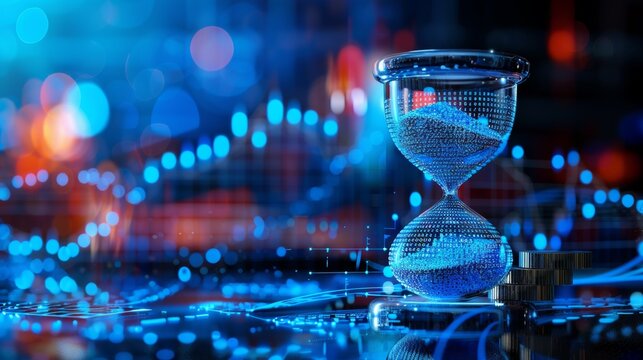 Blue High-tech Hourglass Timer with Digital Data on Blue Bokeh Background - Futuristic, Innovative, Technology