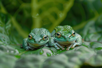 Naklejka premium A pair of tiny tree frogs resting on a large green leaf with the surrounding foliage. 