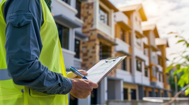 Inspector and engineer assess construction quality of new house with checklist before handover to homeowner, collaborating with architects and contractors.