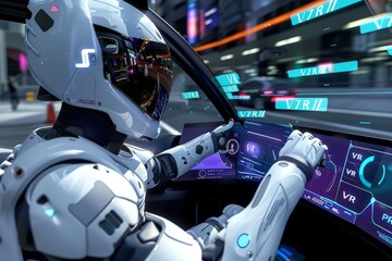 Robot using VR headset in a futuristic environment, blending advanced robotics and virtual reality technology for a high tech, immersive experience