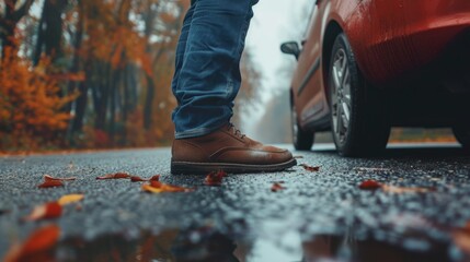 Man stepping on car brake to slow down and stop the car, transfer weight to press front wheels for stability and grip the road better.