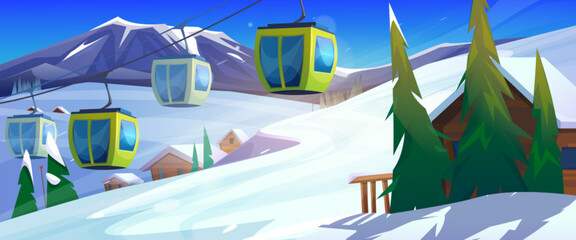 Obraz premium Winter ski resort with cable cars in mountains. Vector cartoon illustration of gondola lift carrying tourists above snowy slope, wooden chalet houses and trees, Alpine landscape, holiday recreation