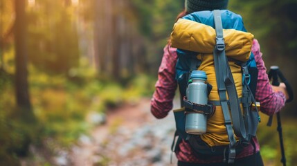 Outdoor enthusiast with hiking gear, blurred nature trail background, promoting nature adventure and outdoor activities.