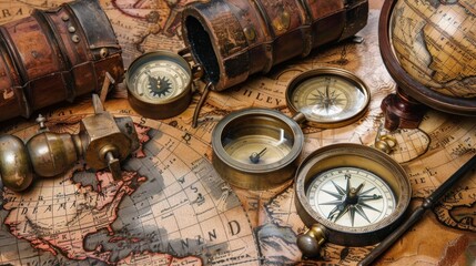 Neatly arranged geography tools including a compass High quality images