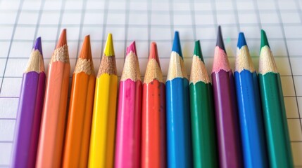 Top view of colored pencils on graph notebook back to school concept