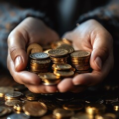 Close-up of hands holding a growing pile of coins, [Wealth accumulation], [Financial security]