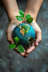 Hand holding a small globe with green leaves, representing World Environment Day, Sustainability, Ecofriendly