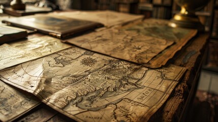 Obraz premium Detailed historical maps and documents on display High quality images