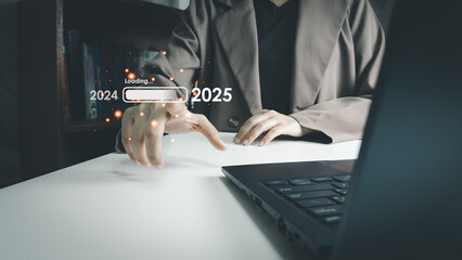 New year resolution of business woman prepare plan goal, great business future, target at work, new business project to support new customer, happy at workplace for the new year