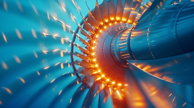 Close up photo of spinning white metal wind turbine against blue sky, showcasing motion blur.