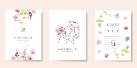 Elegant wedding invitation card background vector. Minimal hand drawn bride and groom in watercolor botanical flowers texture. Design for wedding, vip cover template, rsvp modern card, poster. 