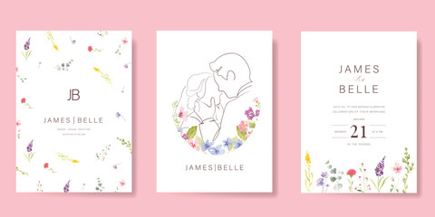 Luxury wedding invitation card background vector. Minimal hand drawn bride and groom in watercolor botanical flowers texture. Design for wedding, vip cover template, rsvp modern card, poster. 