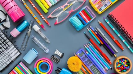 Organized desk with school supplies and educational materials High quality images