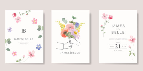 Elegant wedding invitation card background vector. Minimal hand drawn bride and groom in watercolor botanical flowers texture. Design for wedding, vip cover template, rsvp modern card, poster. 