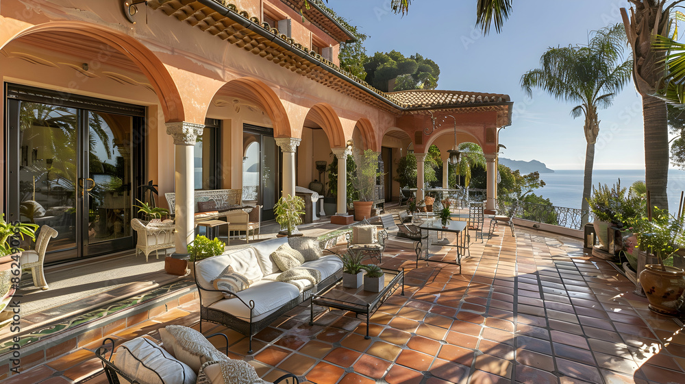 Wall mural Sun-drenched terracotta tiles, Mediterranean decor, and wrought iron accents adorn this seaside villa - Wall murals