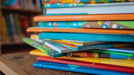Stack of children's books with bright illustrations High quality images