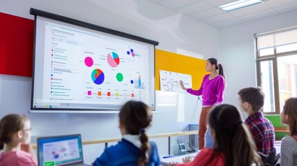 Digital whiteboard with interactive educational content High quality images