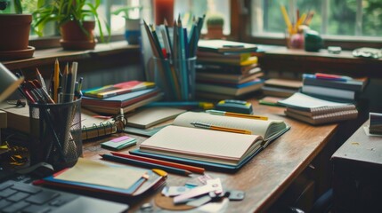 Organized desk with school supplies and notes High quality images
