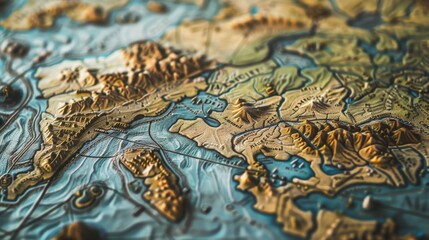 Close-up of a map with detailed geographic features High quality images