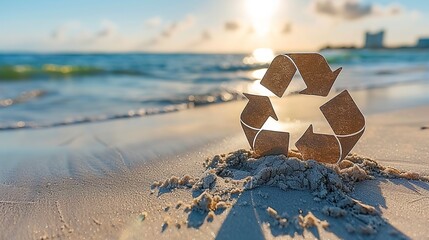 A recycling symbol sits on a sandy beach, with the ocean waves in the background and the setting sun casting a warm glow