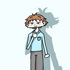 cartoon illustration a man with blond hair and blue clothes is standing, seeing a shadow appear behind him.