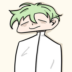 Cartoon short green hair in white dress standing on a light yellow background.