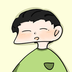 Cartoon man in green clothes on a light yellow background.