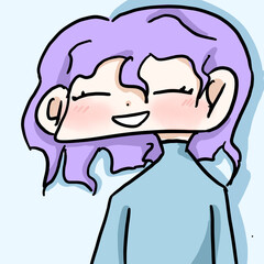 Cartoon woman with purple hair In a blue dress, standing and smiling