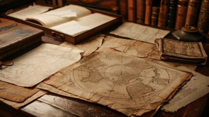 Detailed historical documents and maps on a table High quality images