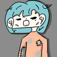 Cartoon woman in torn clothes talking loudly.