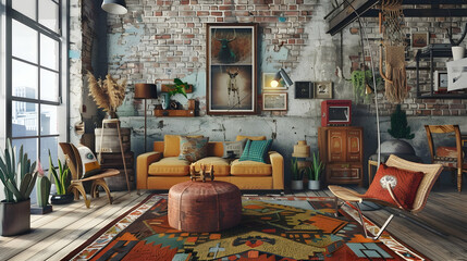 Urban Boho: Painted brick walls and bohemian fixtures, eclectic furniture with an urban twist, open spaces with a relaxed, city vibe