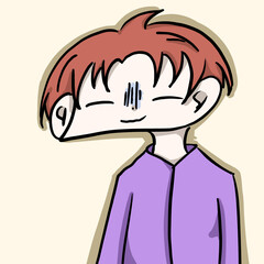 Cartoon brown haired man in purple uniform standing.