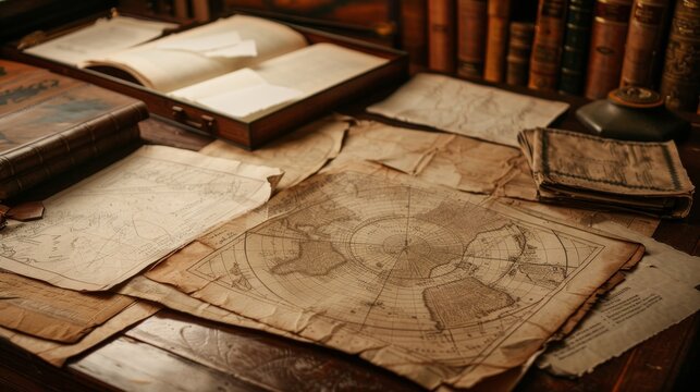 Detailed historical documents and maps on a table High quality images