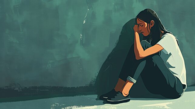illustration of a sad woman sitting on the ground and looking down
