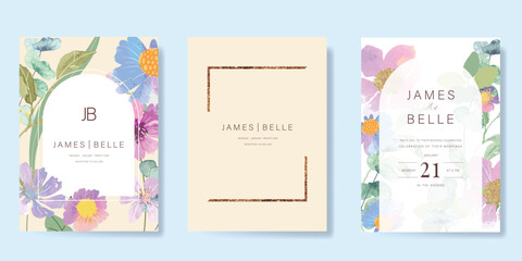 sweet elegant pink botanical Wedding Invitation, floral invite thank you, rsvp modern card Design in leaf and flower water color texture decorative Vector elegant rustic template
