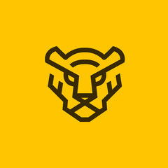 simple minimalist flat bold line modern tiger head logo vector illustration, isolated in yellow plain background